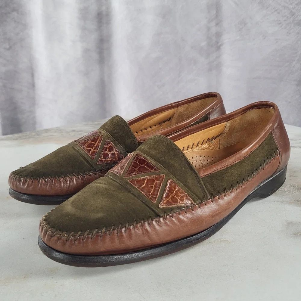 MEZLAN MORELLA Size 7 M Men's Suede Leather & Crocodile Loafers Olive